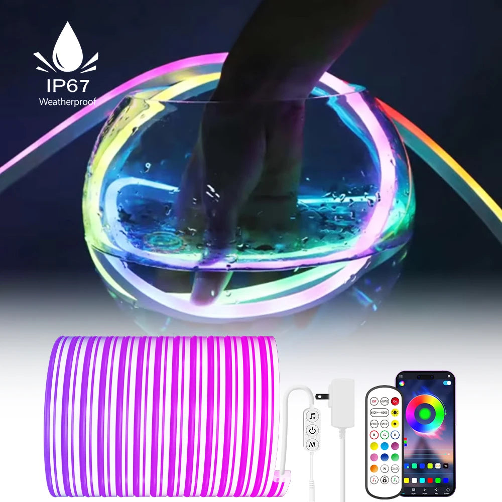 5M Silicone Neon LED Strip 24V Bluetooth RGB Music Sync IP67 Waterproof 72LEDs/M Rope Light for Home Party Decor
