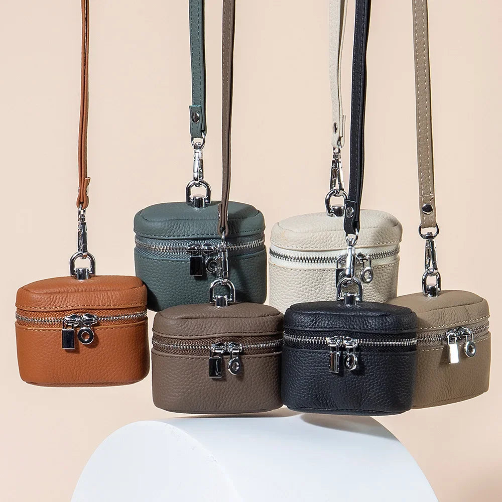 New Women's Genuine Leather Compact Halterneck Coin Purses Simple and Portable Makeup Storage Bag Mini Headphone Bags