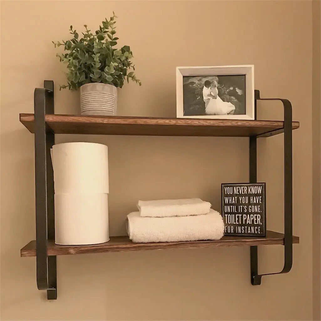 Large Rustic Industrial Pipe Wall Floating Shelf 2 Tier Wooden Metal Display Storage Shelving Unit