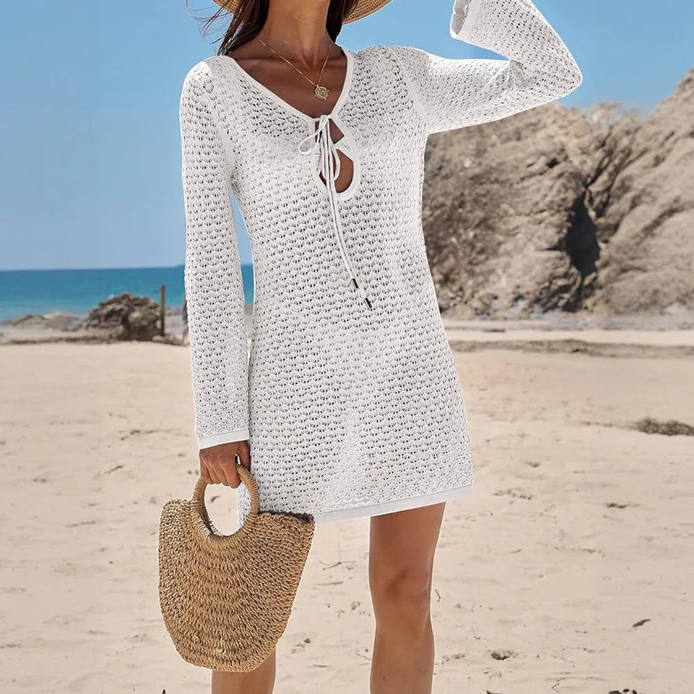 Summer Tie Front Knit CutOut Cover Up Solid Color Bikini Swimwear Beach Resort Boho Chic Swim Set Breathable Cardigan Mini Dress