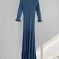 2025 New Blue Slim Knitted Long Dress Women's Round Neck Midi Sleeve Fashion Pleated Ruffled Hem Temperament Luxury Party Robe