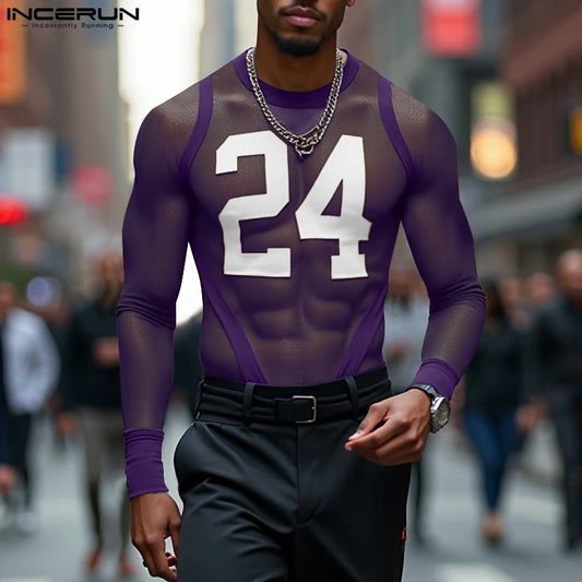 Stylish Well Fitting Tops INCERUN Men's See-through Digital Print T-shirt Casual Party All-match Thin Long Sleeved Camiseta 2025