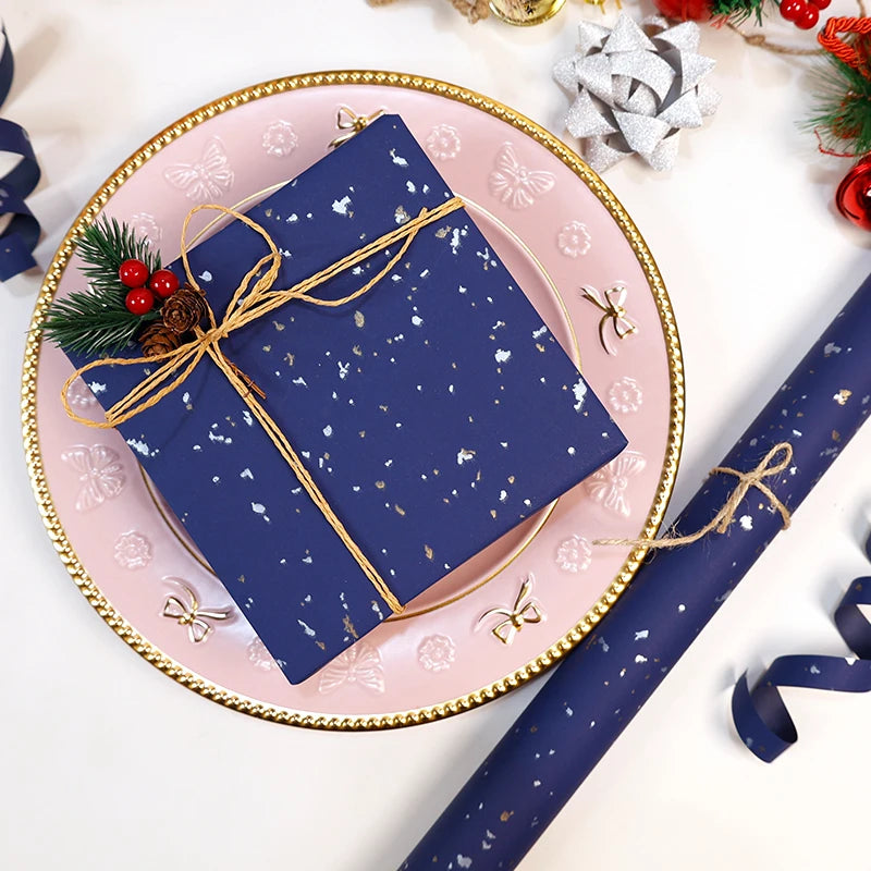 Gift Wrapping Paper Roll, 1 Roll 17inch x 120inch,Navy Blue Gold Foil Design for Holiday, Birthday, Wedding, Party