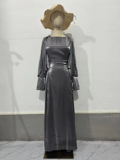 2025 Evening Women Satin Long Dress Black Lantern Sleeve Sexy Elegant Dresses Female New Fashion Casual Party Vestidos Clothes