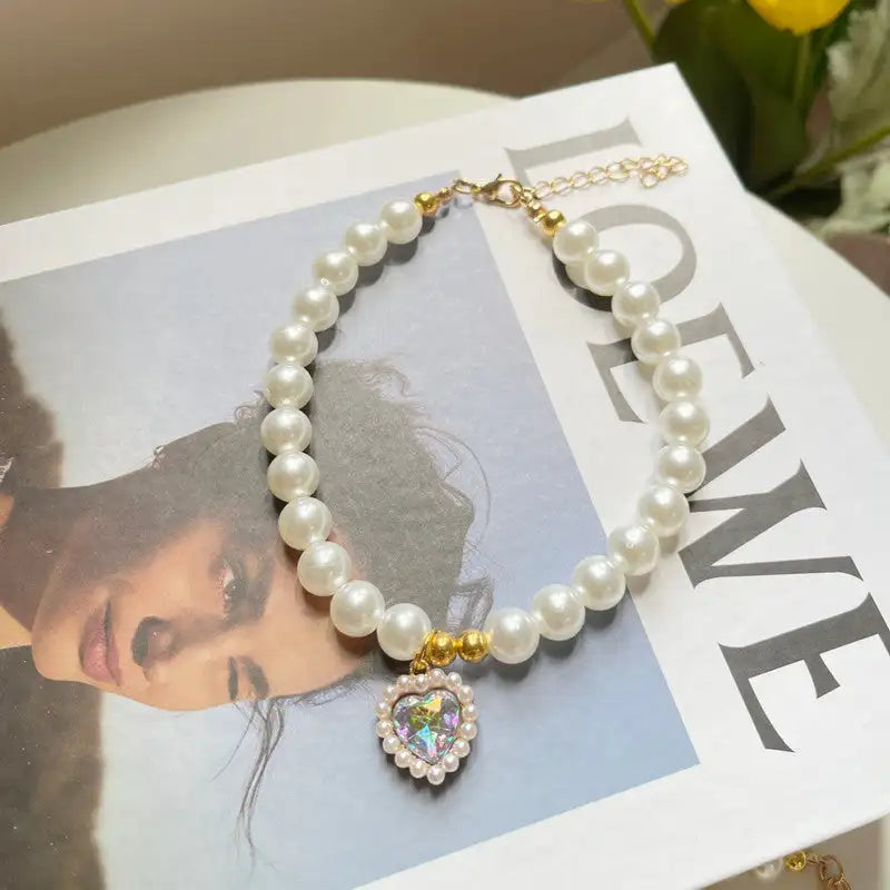 TONG Luxury Pearl Pet Collar Pet Cat Dog Collar Love Pendant Pet Supplies Love Crystal Collar Kitten Collar Cat Necklace