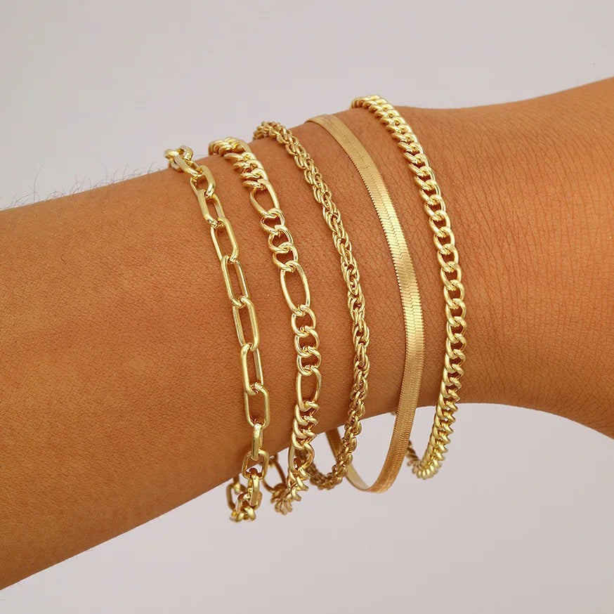 6Pcs Gold Color Bracelet Set Boho Retro Multilayer Thick Twist Cuban Chain Bracelet For Women 2024 Trendy Quality Jewelry Gifts