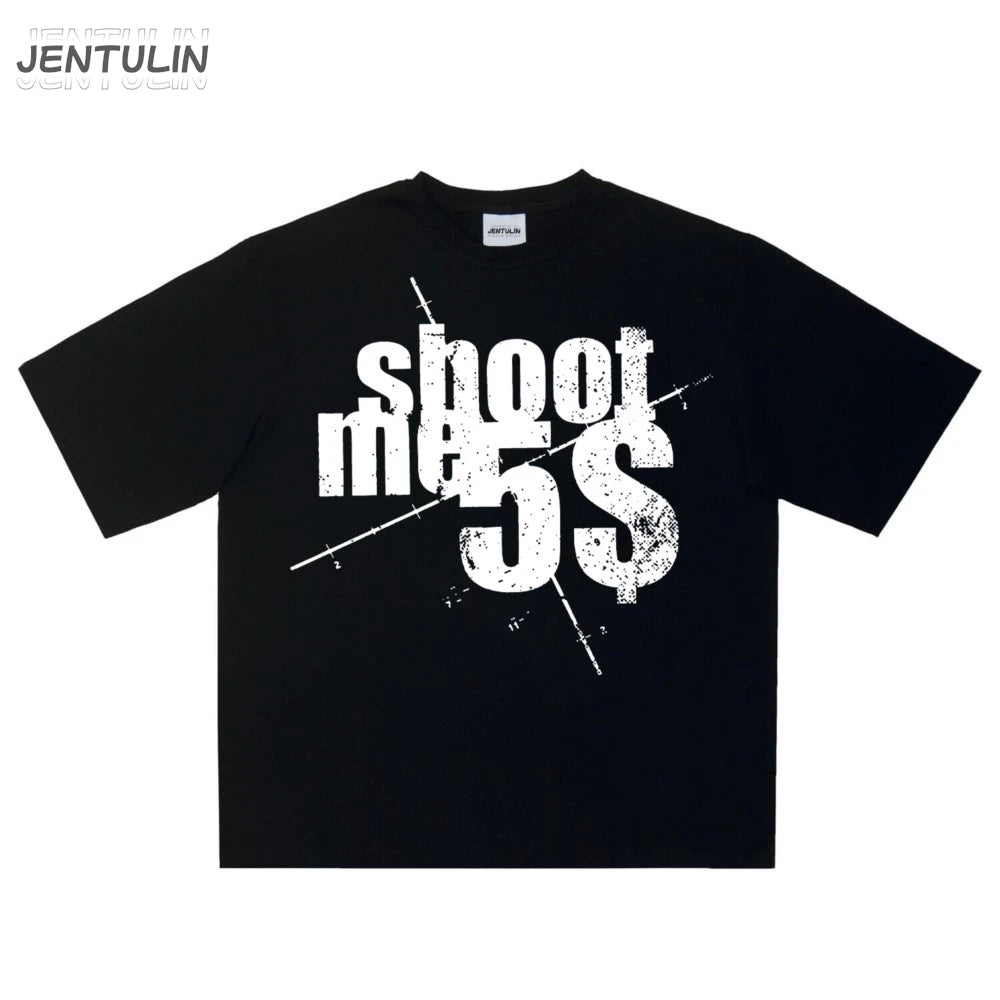 Harajuku Oversized Streetwear Men's Clothing SHOOTME5$ Graphic Print Tshirt Cotton Hip Hop Letter Short Sleeve Tops Tee Goth Y2k