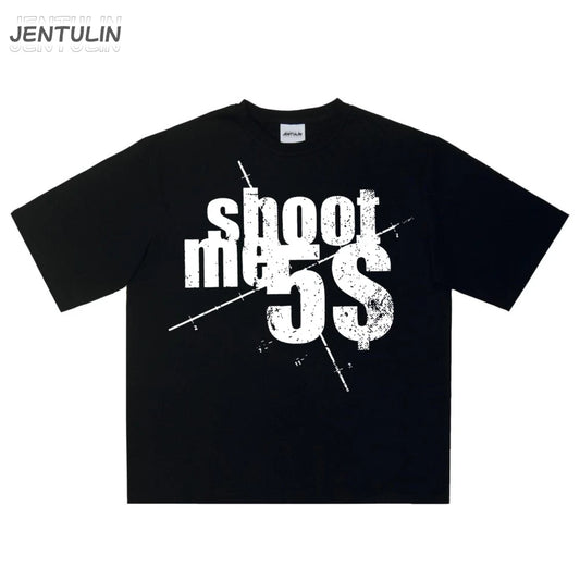 Harajuku Oversized Streetwear Men's Clothing SHOOTME5$ Graphic Print Tshirt Cotton Hip Hop Letter Short Sleeve Tops Tee Goth Y2k