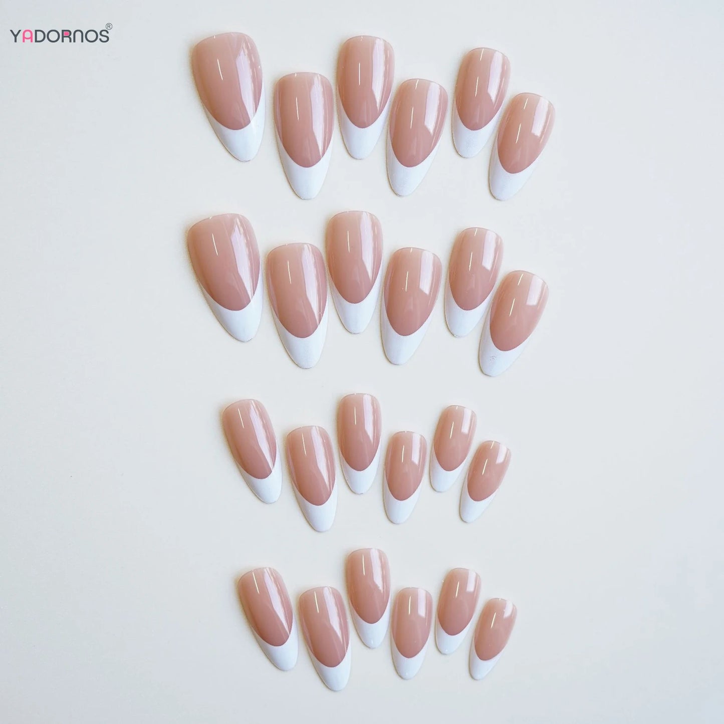 Glossy Nude Pink Color False Nails White French Tip Almond Press on Nails Full Cover Wearable Fake Nails for Women and Girls