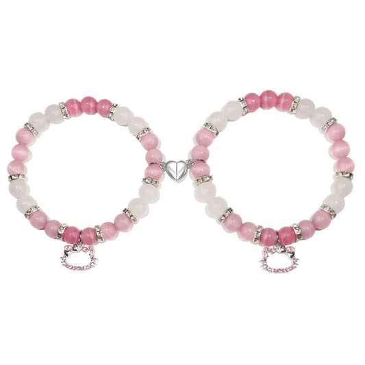 New 2Pcs/Set Crystal Hello Cat Beaded Bracelets for Lovers Heart Magnetic Matching Couple Bracelets Girls Festival Jewelry Gifts