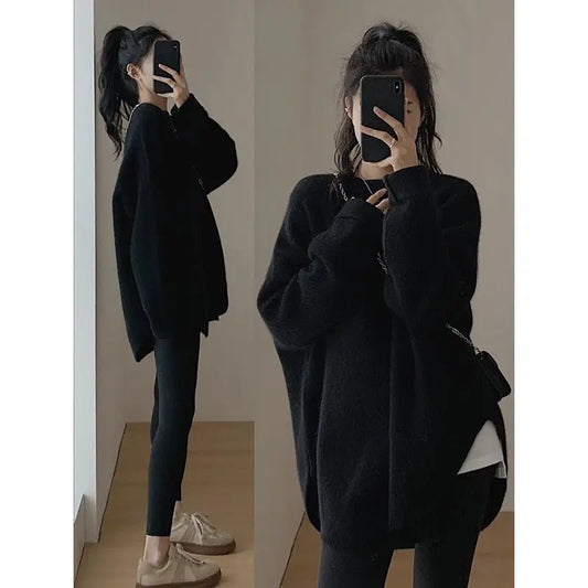 Women's Korean Fashion Simple Chic Oversized Knitted Sweater Solid O Neck Long Sleeve Pullover Tops Streetwear Irregular Jumpers