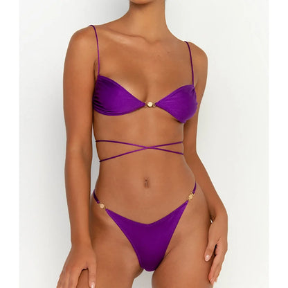Sexy Swimwear Solid Bikini Women'S Swimsuit With Ties 2023 Thongs Bathing Suits Solid Color Beachwear Summer Brazilian Biquini