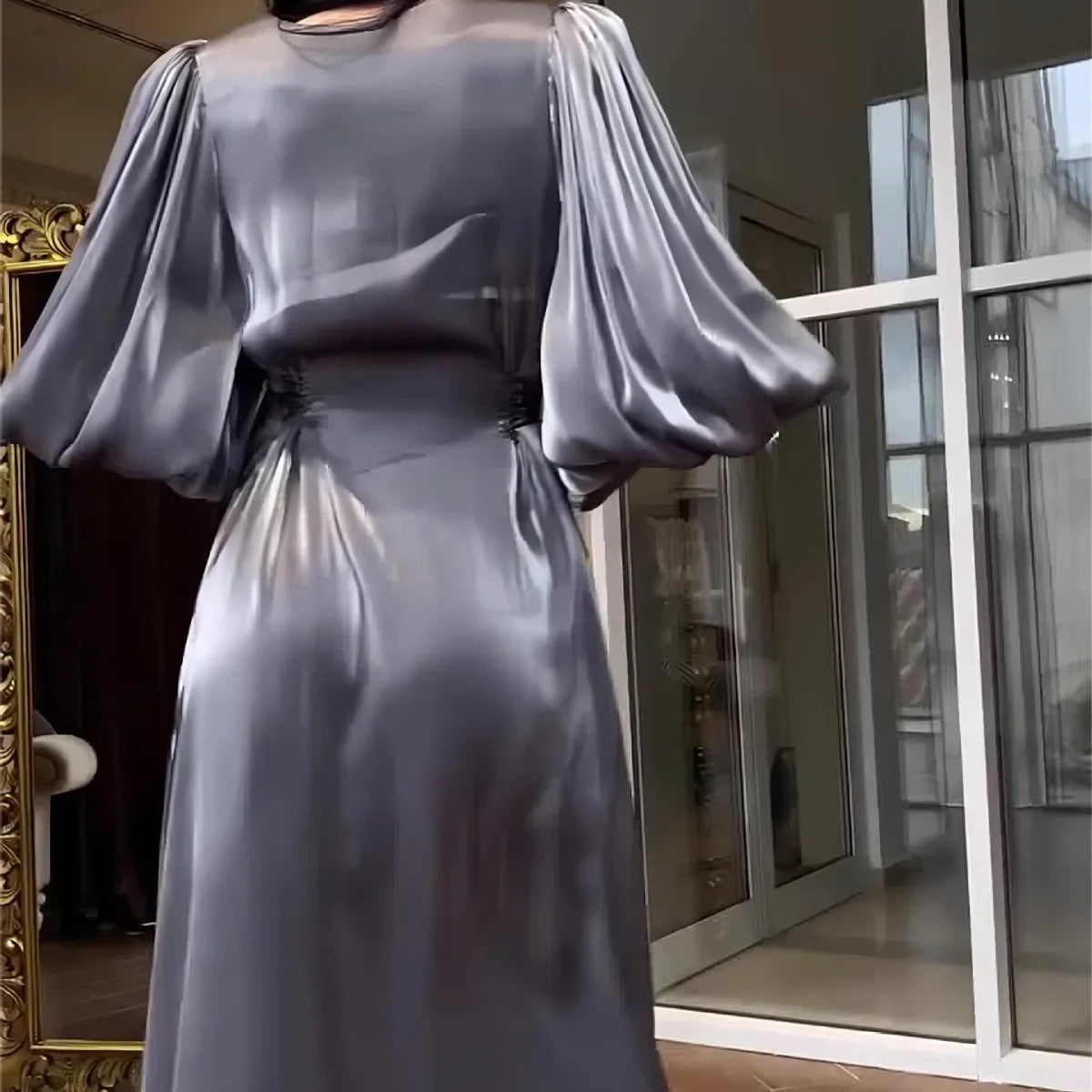 2025 Evening Women Satin Long Dress Black Lantern Sleeve Sexy Elegant Dresses Female New Fashion Casual Party Vestidos Clothes
