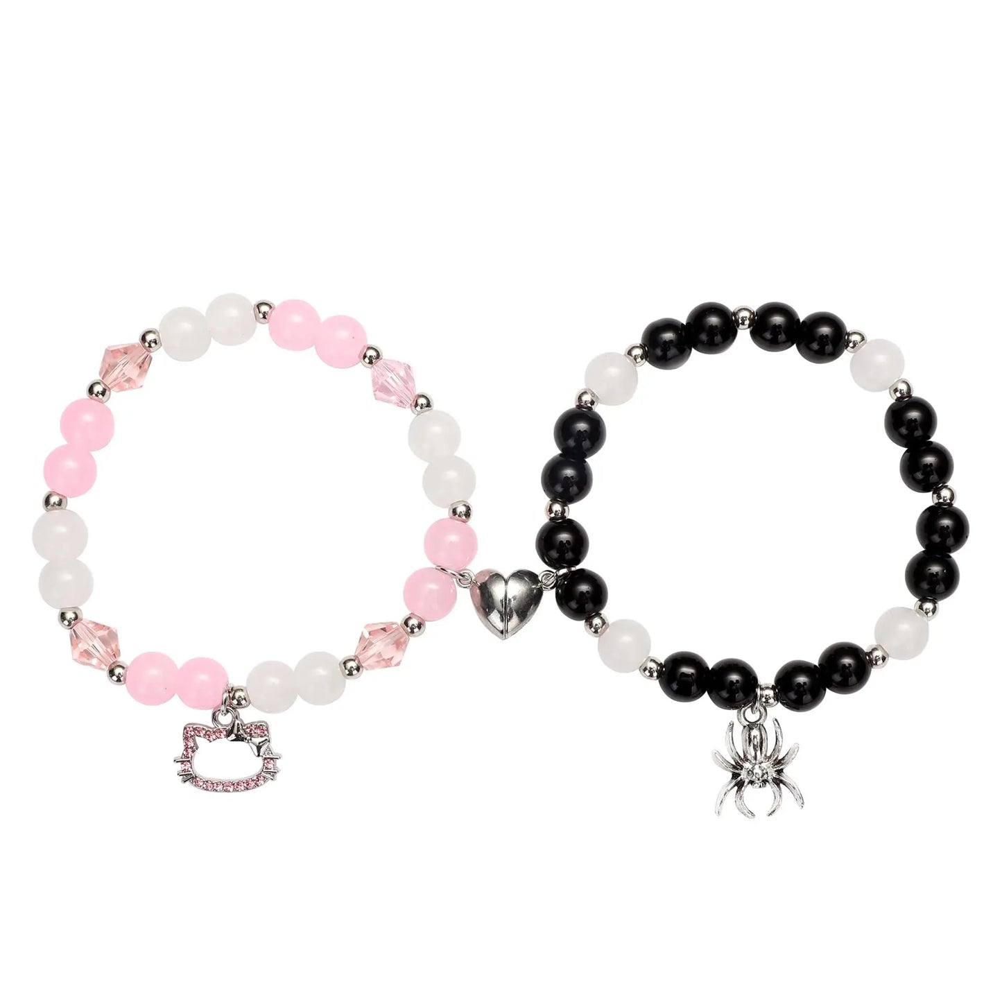 New 2Pcs/Set Crystal Hello Cat Beaded Bracelets for Lovers Heart Magnetic Matching Couple Bracelets Girls Festival Jewelry Gifts