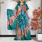 2024 New Style Short Sleeve African Dashiki Tie-dyed Cotton Abaya Caftan Lady Summer Maxi Islam Casual Dresses With Big Scarf