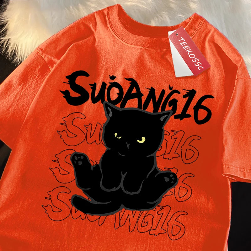 Fun Black Cat Print Japanese Style Men Women T-Shirt Fashion Clothing Cotton Tops Fashion Summer Tee Clothes Oversized Tshirt