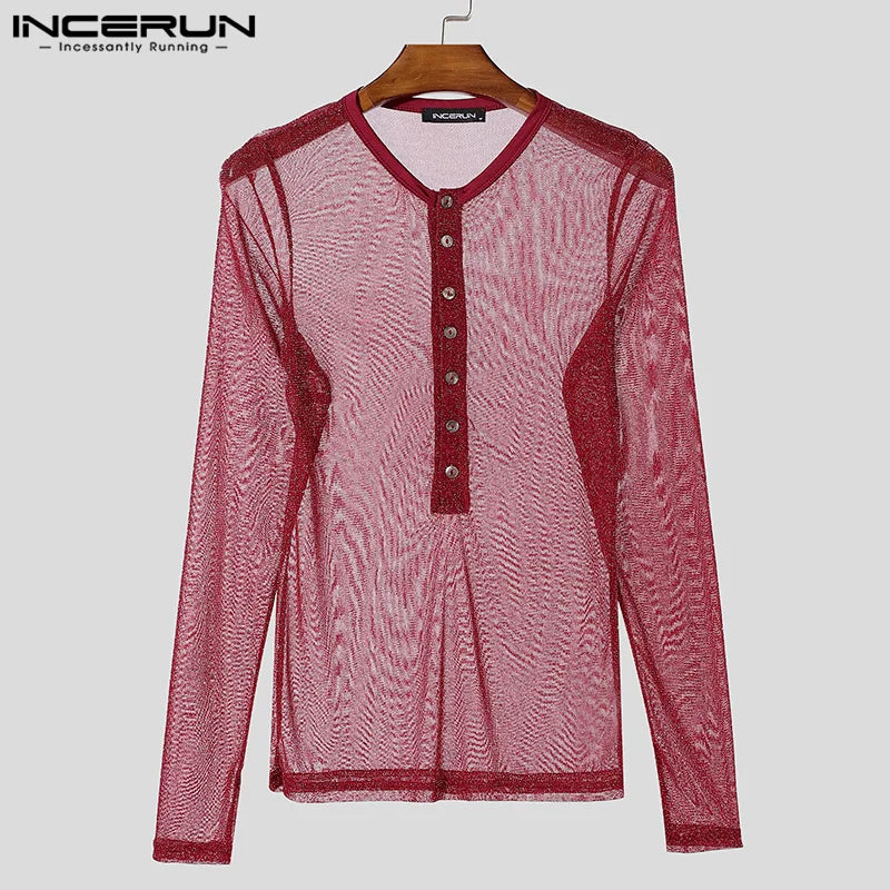 Fashion Well Fitting Tops INCERUN Men Sparkling Fabric T-shirts Male Personality Clubwear Hot Selling Thin Long Sleeved Camiseta