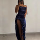 Sexy Satin Bodycon Long Dress Women Vintage Backless Strapless Ruffles Fork Party Club Elegant Evening Dresses Female Vestidos
