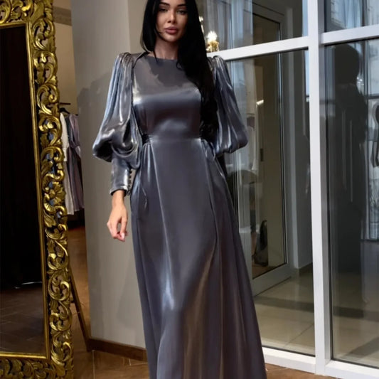 2025 Evening Women Satin Long Dress Black Lantern Sleeve Sexy Elegant Dresses Female New Fashion Casual Party Vestidos Clothes