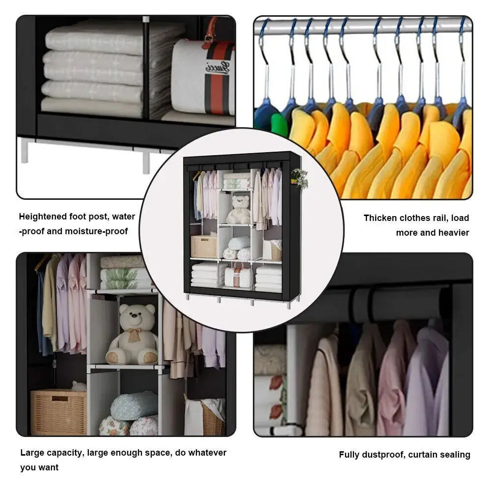 Portable Large Fabric Canvas Wardrobe Canvas Wardrobe With Hanging Rail Sheing Fabric Cloth Cupboard