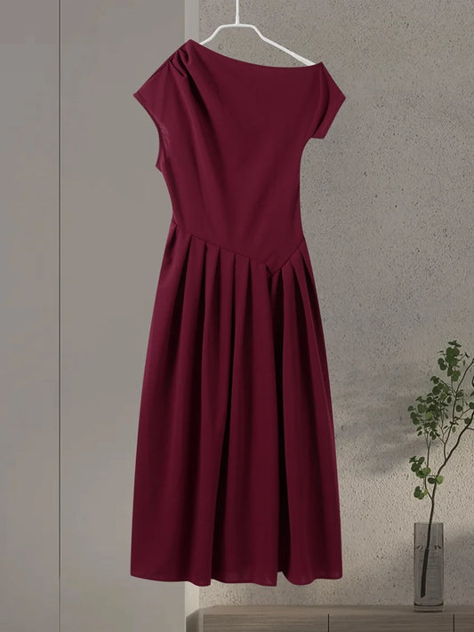 Elegant Long Dress Women Loose Skew Collar Sleeveless A Line Robe Female 2025 Spring Summer Solid Fashion High Waist Dress Lady