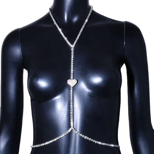 Fashion Rhinestone Heart Chest Chain Necklace Outfit for Women 2023 Sexy Jewelry Crystal Bikini Body Chain Club Accessories