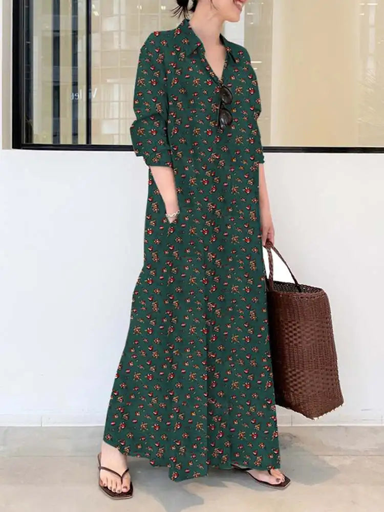 Bohemian Women Sundress Autumn Vintage Long Dress 2023 ZANZEA Lapel Floral Printed Long Sleeve Shirt Vestidos Robe Retro Kaftan
