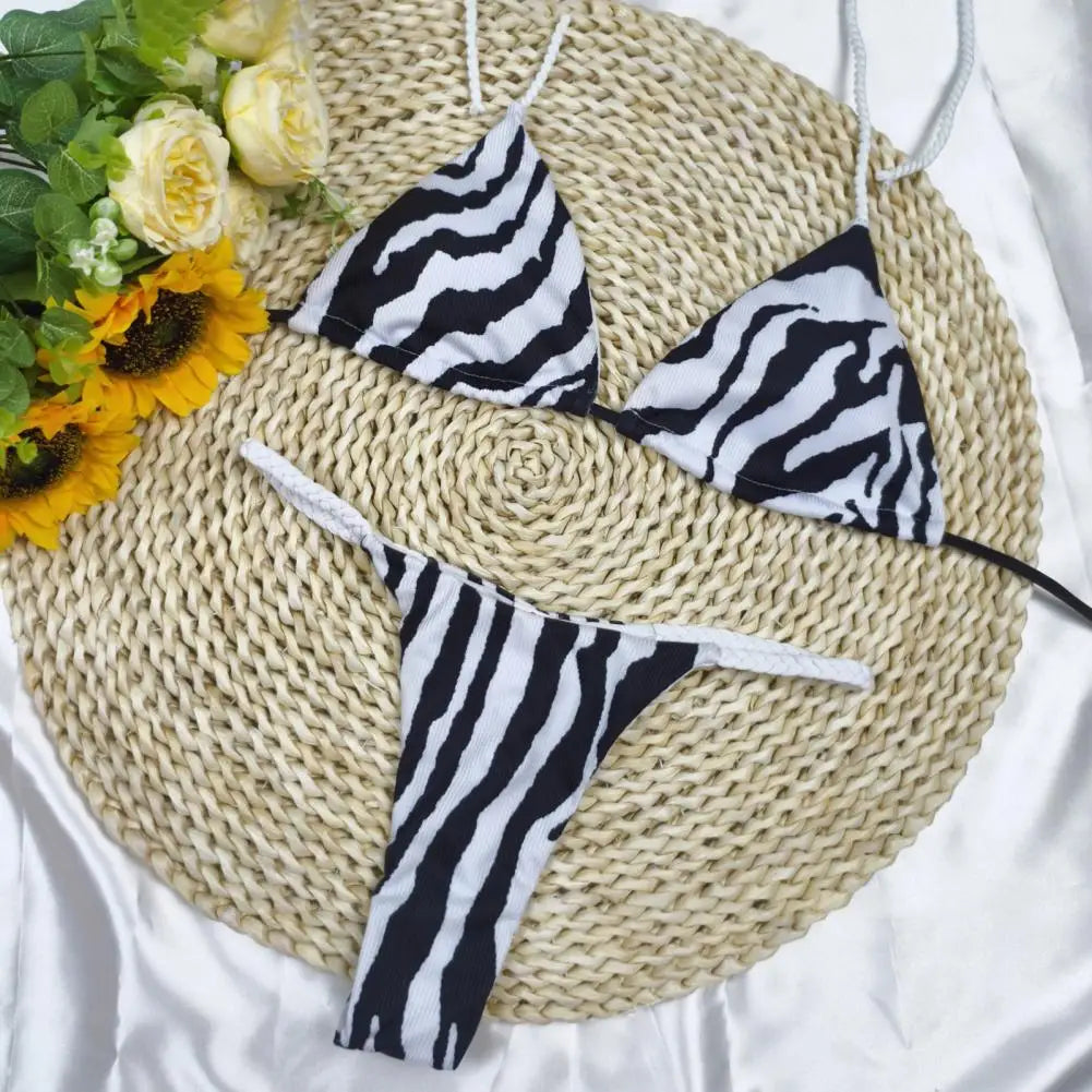 2Pcs/Set Women Bikini Set Halter Lace-Up Sleeveless Bra Braided Rope Swimming Briefs Set Sexy Quick Drying Beachwear