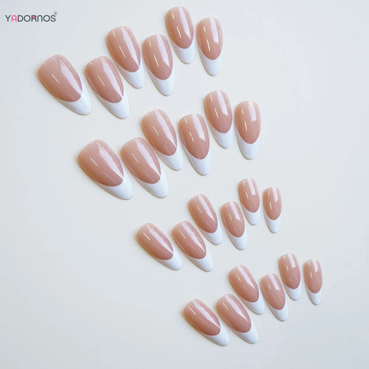Glossy Nude Pink Color False Nails White French Tip Almond Press on Nails Full Cover Wearable Fake Nails for Women and Girls