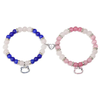New 2Pcs/Set Crystal Hello Cat Beaded Bracelets for Lovers Heart Magnetic Matching Couple Bracelets Girls Festival Jewelry Gifts