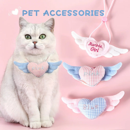 Pet Plaid Love Wing Collar Cat Puppy Teddy Angel Princess Bib Pink Blue Cute Necklace