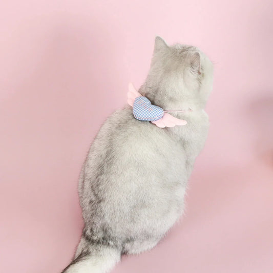 Pet Plaid Love Wing Collar Cat Puppy Teddy Angel Princess Bib Pink Blue Cute Necklace