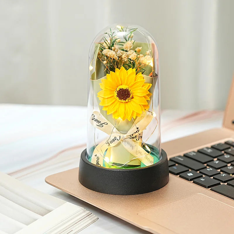Everlasting Rose LED Glass Dome Bouquet Romantic Illuminated Ornament Perfect Valentine's Day Christmas Home Decor Romantic Gift