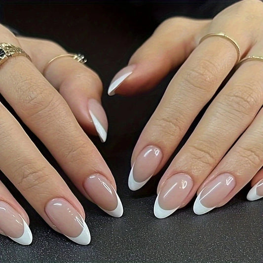 24 Pieces of White French Wearable Nails, Ice-Transparent Almond Nails, Fake Nail Patches, Simple Style Manicure, Finished Manicure