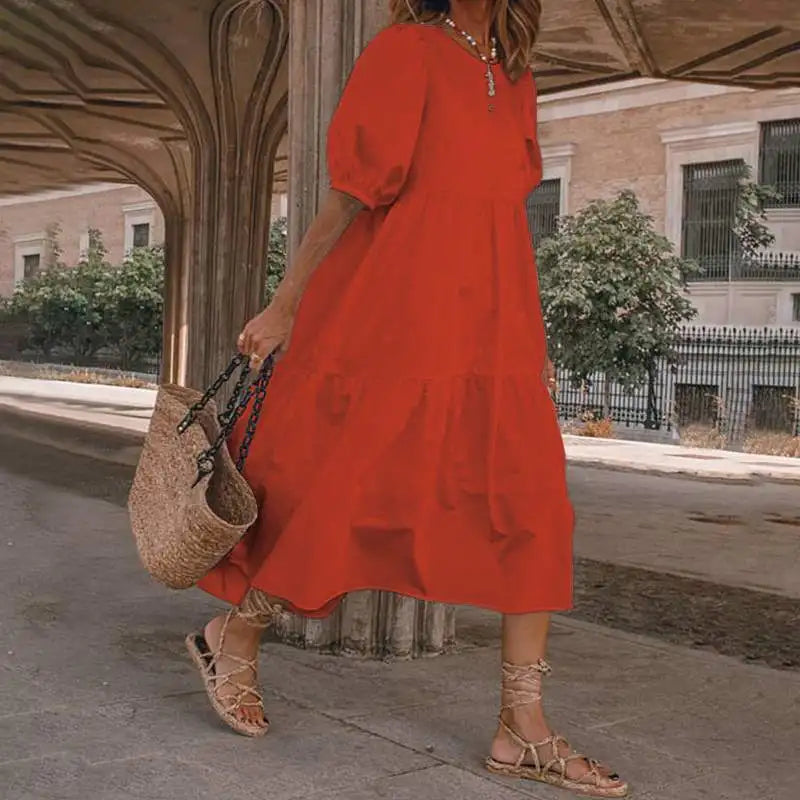 Vintage Loose Maxi Long Dress Summer Women O-Neck Half Lantern Sleeve Boho Party Beachwear Dresses ZYYX-1182