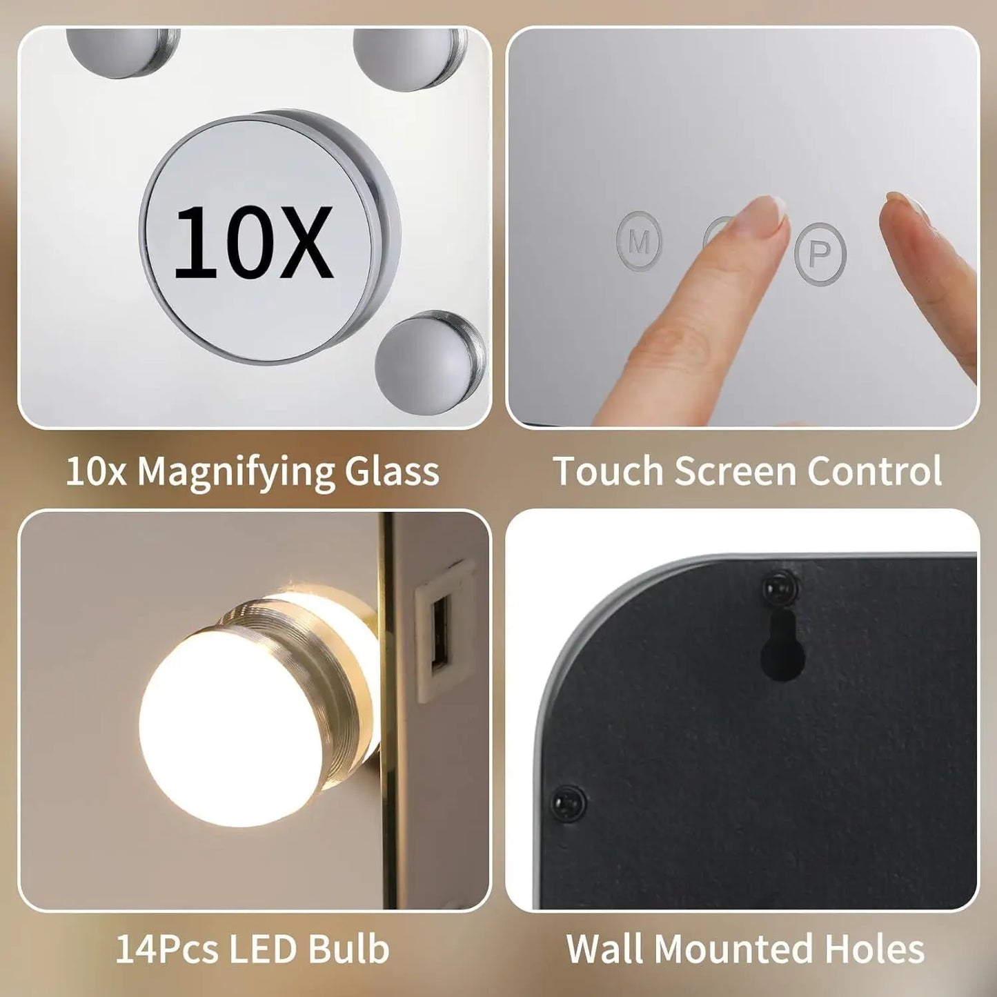 Hollywood Vanity Mirror with Lights 15 Dimmable LED Bulbs 3 Color Lighting Adjustable Brightness USB Charging Port (58*46cm)