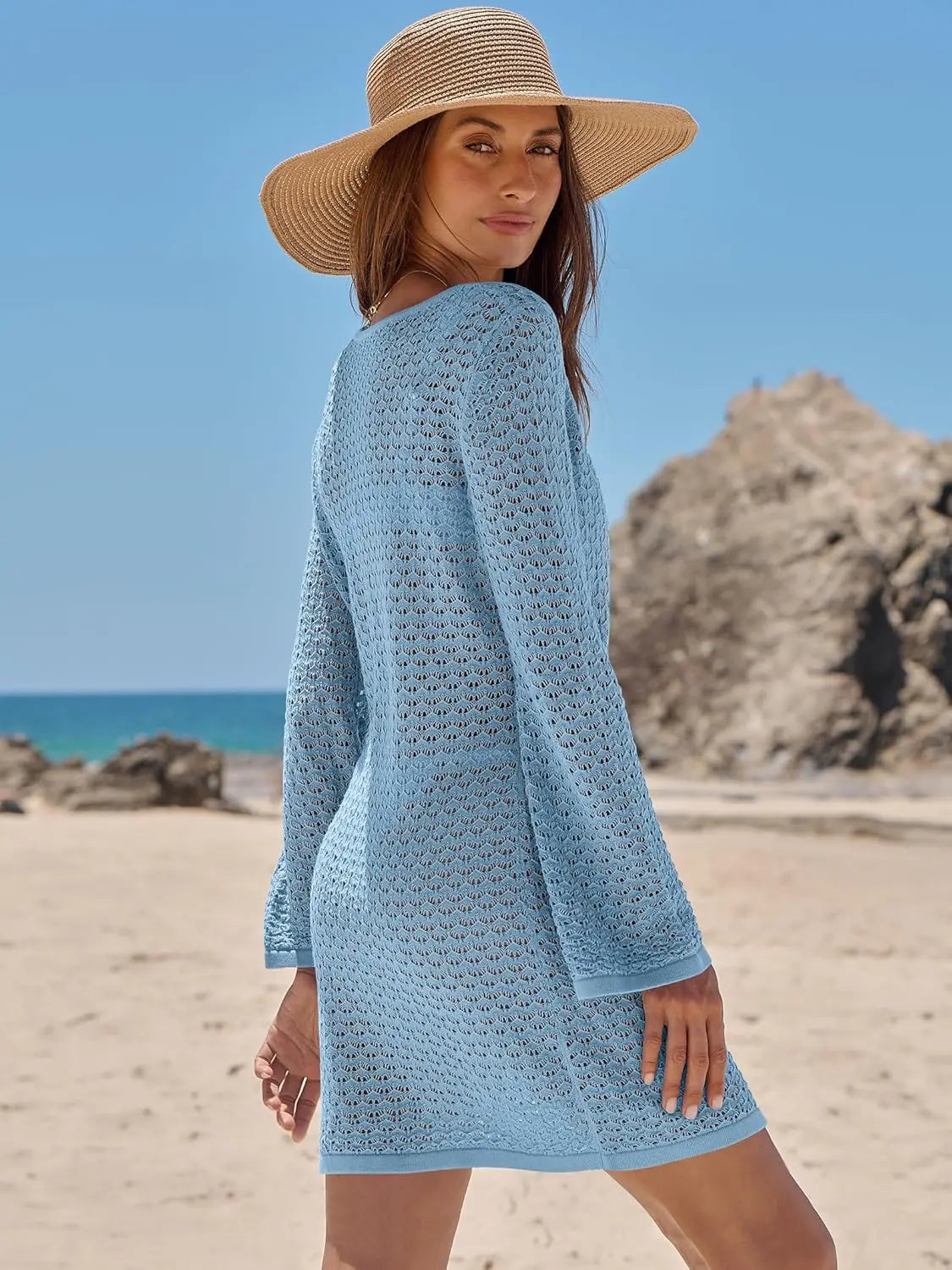 Summer Tie Front Knit CutOut Cover Up Solid Color Bikini Swimwear Beach Resort Boho Chic Swim Set Breathable Cardigan Mini Dress