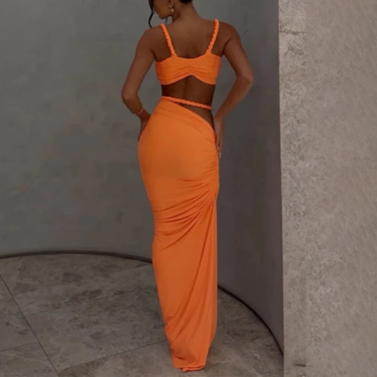 2025 Latest Women's 2-piece Sexiness Pretend Wrinkle Open Umbilical Tank Top+Shirt High Waist Long Dress Solid Color Set