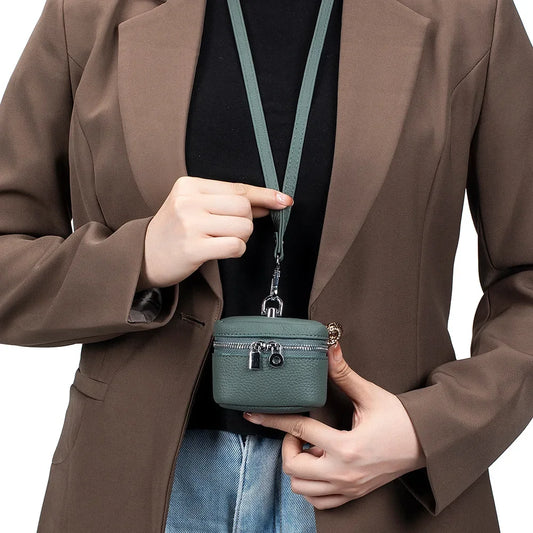 New Women's Genuine Leather Compact Halterneck Coin Purses Simple and Portable Makeup Storage Bag Mini Headphone Bags