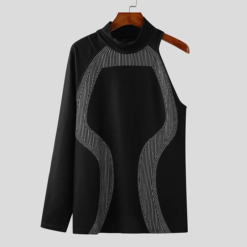 INCERUN Men Simple Camisetas Men Well Fitting Long Sleeved Handsome Knitted T-Shirts 2024 Casual Printing Stand Collar Male Tops