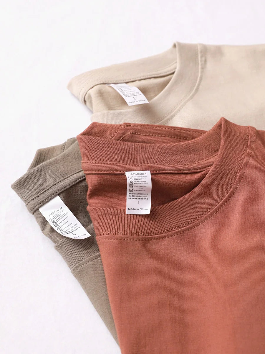 9.17oz 260Grams Seamless Straight Cotton T-shirt Men Oversized Loose Solid Color Drop Shoulder Short Sleeve  Summer