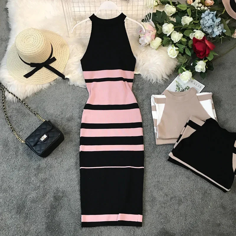2024 summer women's hanging neck knit long dress round neck stripes hit color waist slim slim ming knit long dress office lady