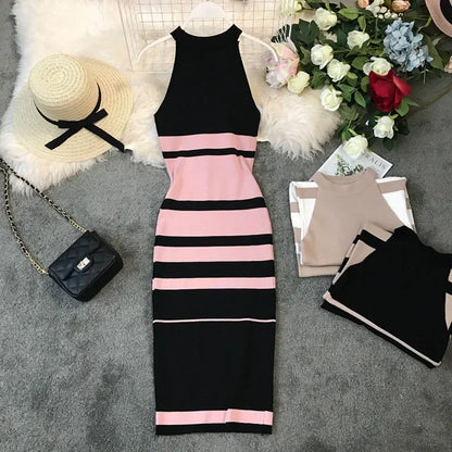 2024 summer women's hanging neck knit long dress round neck stripes hit color waist slim slim ming knit long dress office lady