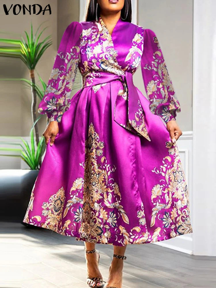 VONDA Women Satin Silk Dress 2024 Bohemian Printing Long Lantern Sleeve Vestidos Elegant Sundress Casual V-Neck Robe Oversized
