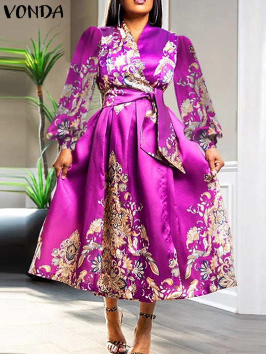 VONDA Women Satin Silk Dress 2024 Bohemian Printing Long Lantern Sleeve Vestidos Elegant Sundress Casual V-Neck Robe Oversized