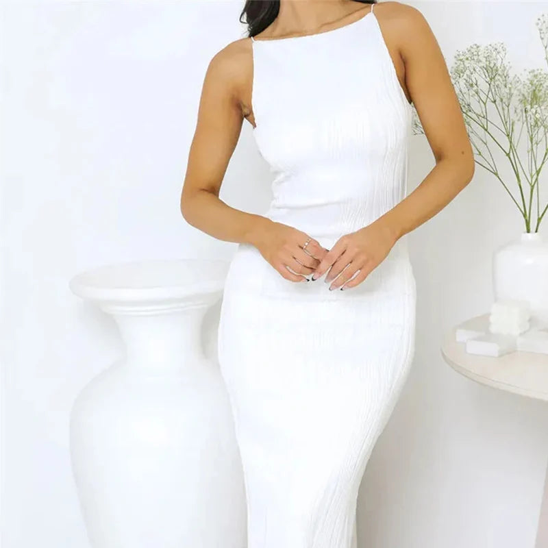 Sexy Women Long Dress Ruched Sleeveless Slim Solid Summer Party Back Split Dress Clubwear Female Vestido Outfits