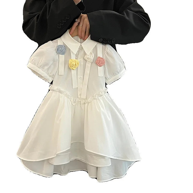 Girls Casual Dresses Floral White Puffy Sleeve Dress Flower Girl Clothes Kids Fairy Dress Summer Clothes for 2 To 7 Years