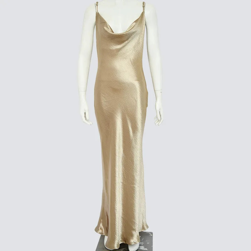 Sexy Spaghetti Strap Backless Summer Dress Women Gold Satin Lace Up Long Dress Elegant Bodycon Party Club Dresses 2024 New