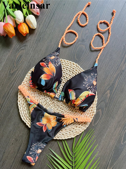 Plaid Printed Halter Mini Micro Thong Bikini Women Swimwear Female Swimsuit Two-pieces Bikini set Bather Bathing Suit Swim V6171