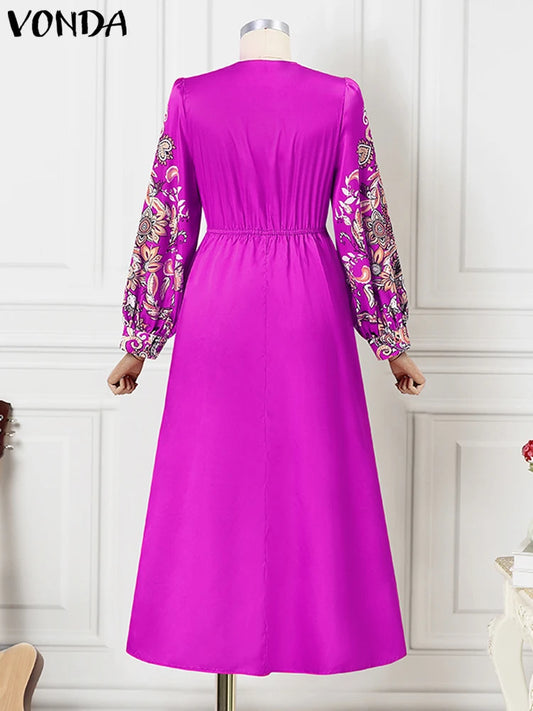 VONDA Women Satin Silk Dress 2024 Bohemian Printing Long Lantern Sleeve Vestidos Elegant Sundress Casual V-Neck Robe Oversized